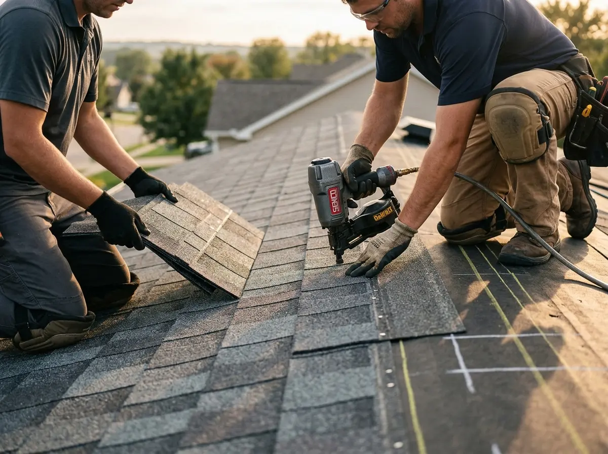 Professional roofer working on a residential roof in Timberwood Park